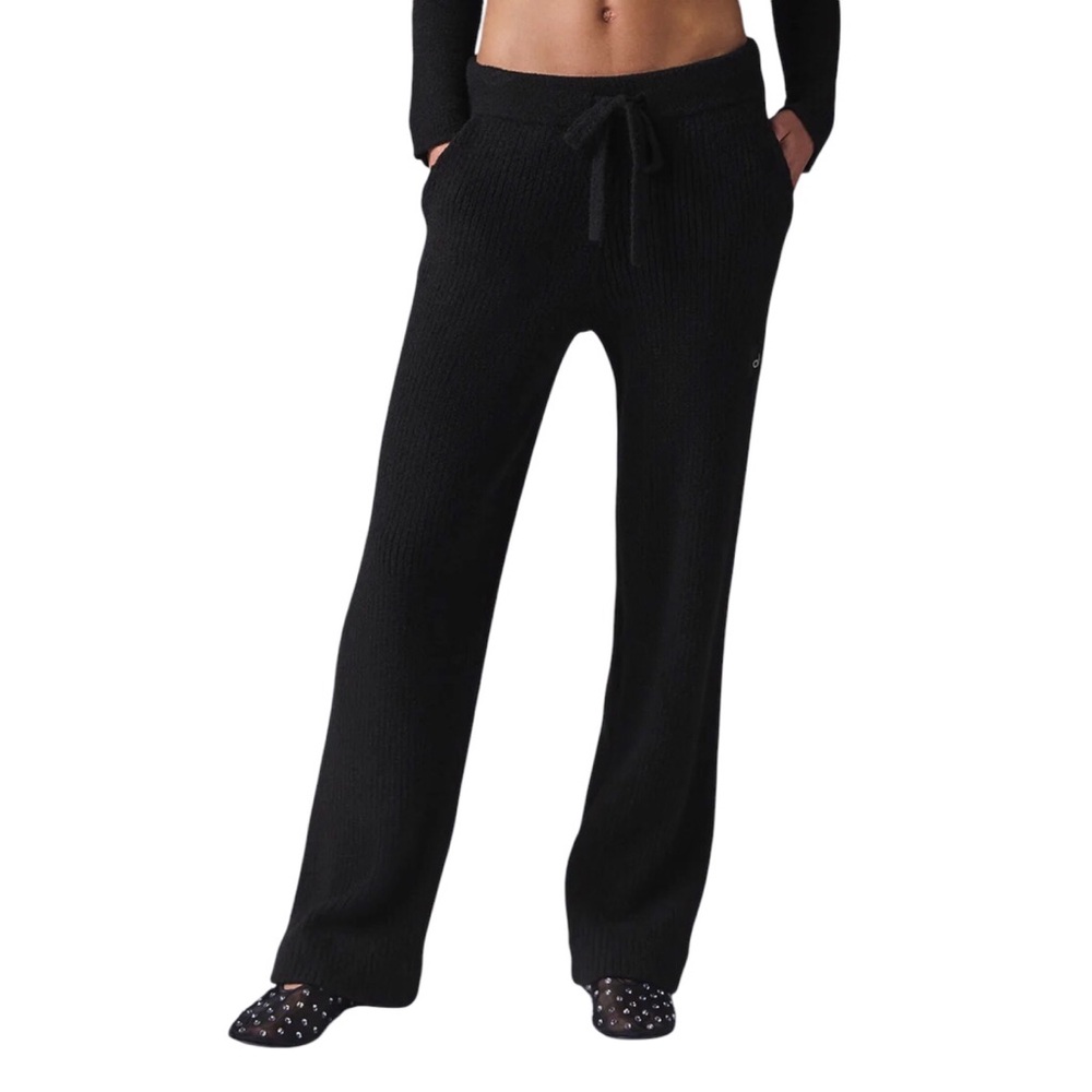 ALO Yoga Black Ribbed Knit Lounge Pants